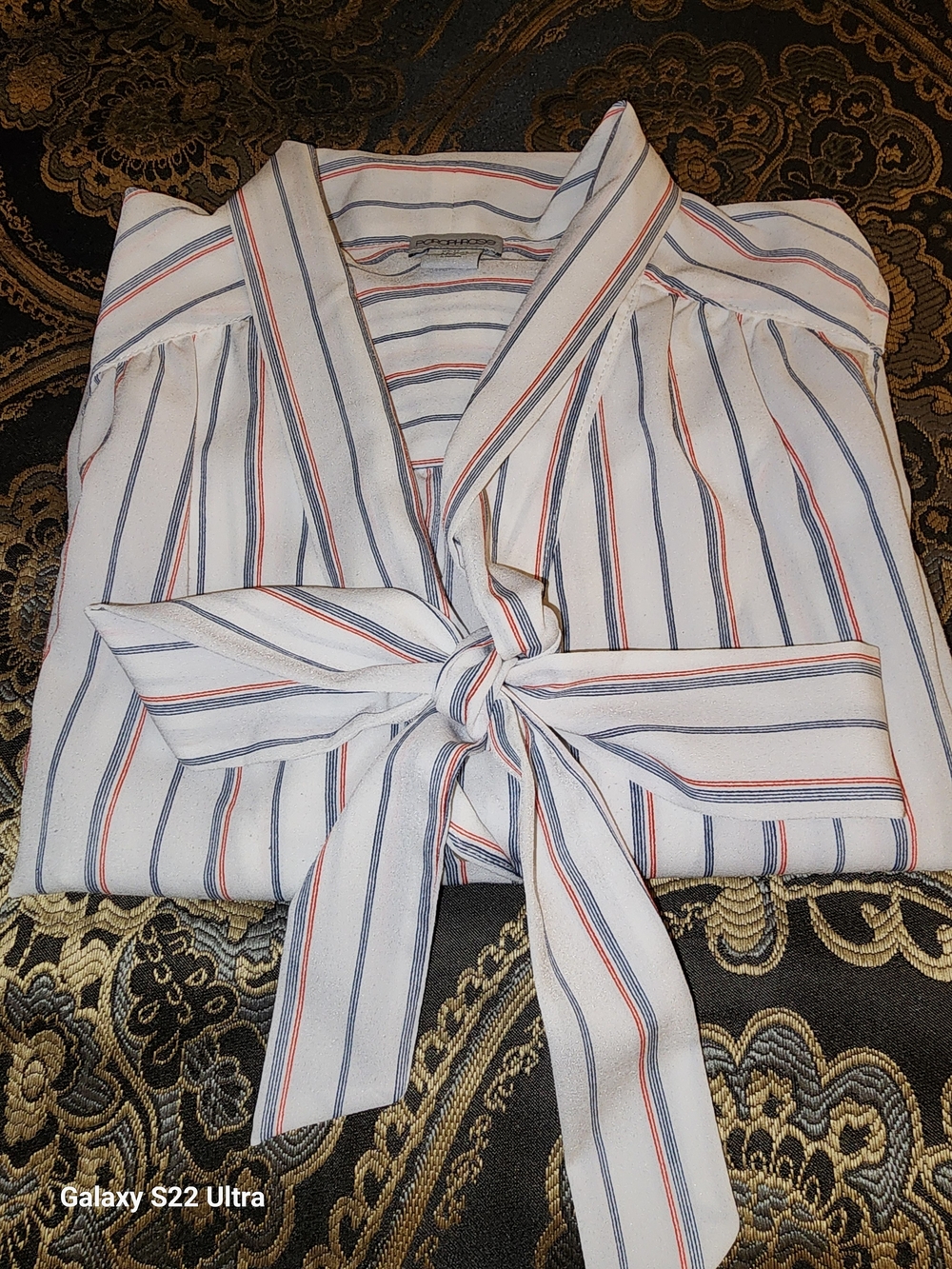Striped Bow-Neck Blouse in White with Blue & Red Stripes